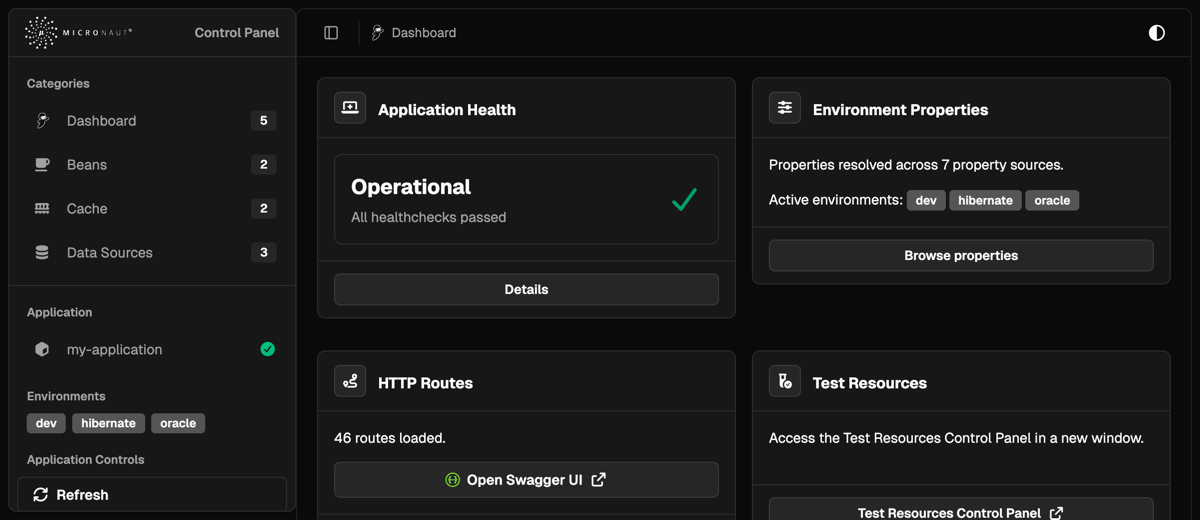 Micronaut Control Panel dark theme